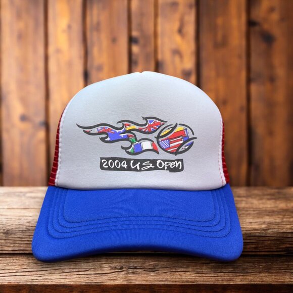 2004 US Open Mens Trucker Hat Red White Blue Roger Federer Tennis Tournament Cap - Picture 1 of 4